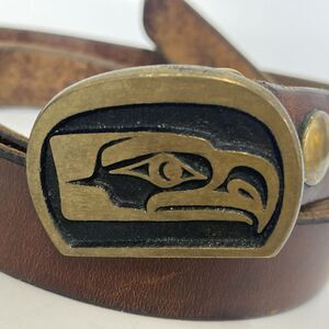 VINTAGE 1970s *KWAKIUTAL SEAHAWK* TOTEM ART SOLID BRONZE BUCKLE 34” Belt